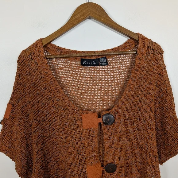 VINTAGE Frazzle Burnt Orange Open Knit Art To Wear Short SleeveCardigan Sweater - Picture 2 of 7